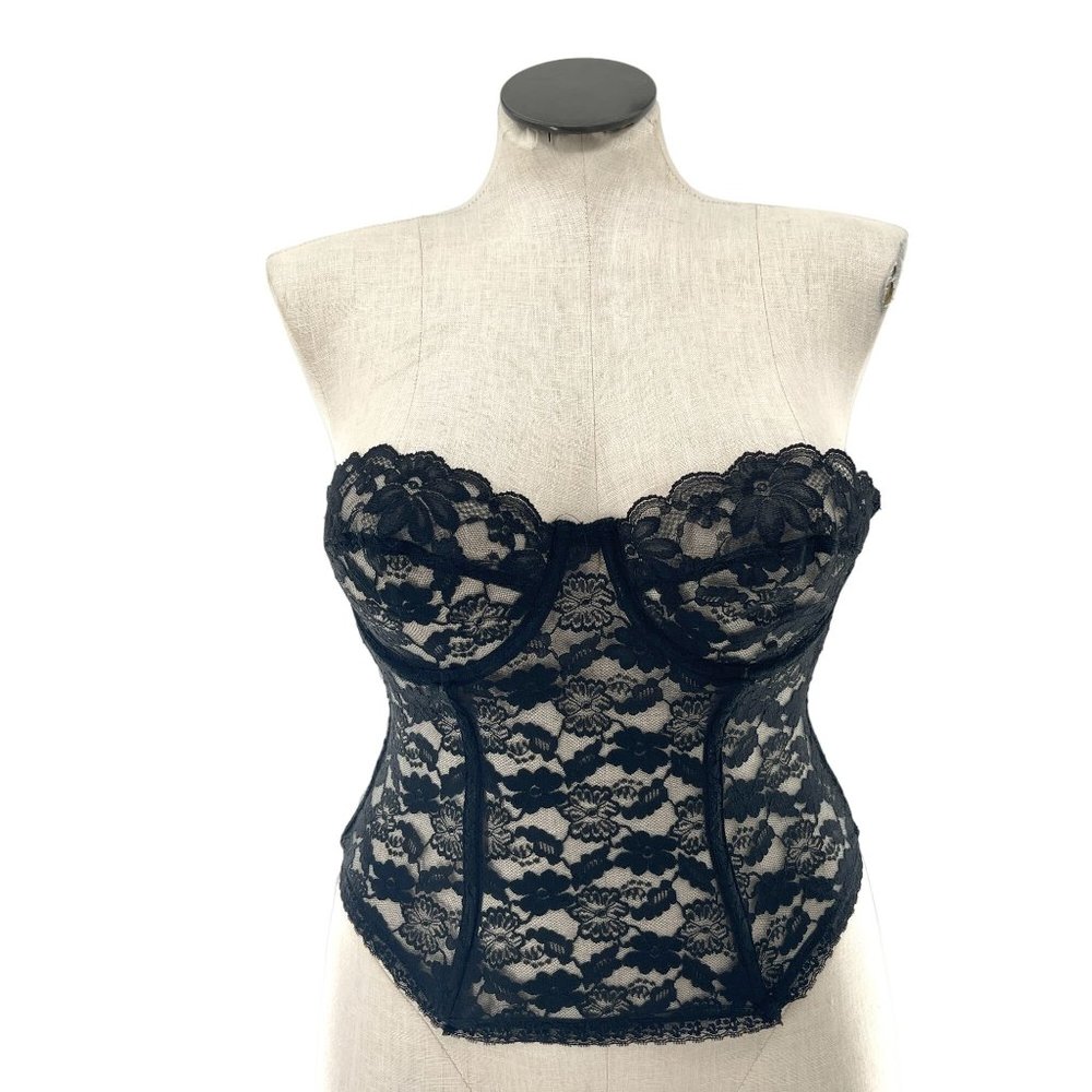 70s Vintage Black Floral Lace Scalloped Sweetheart Neckline Corset Bodice